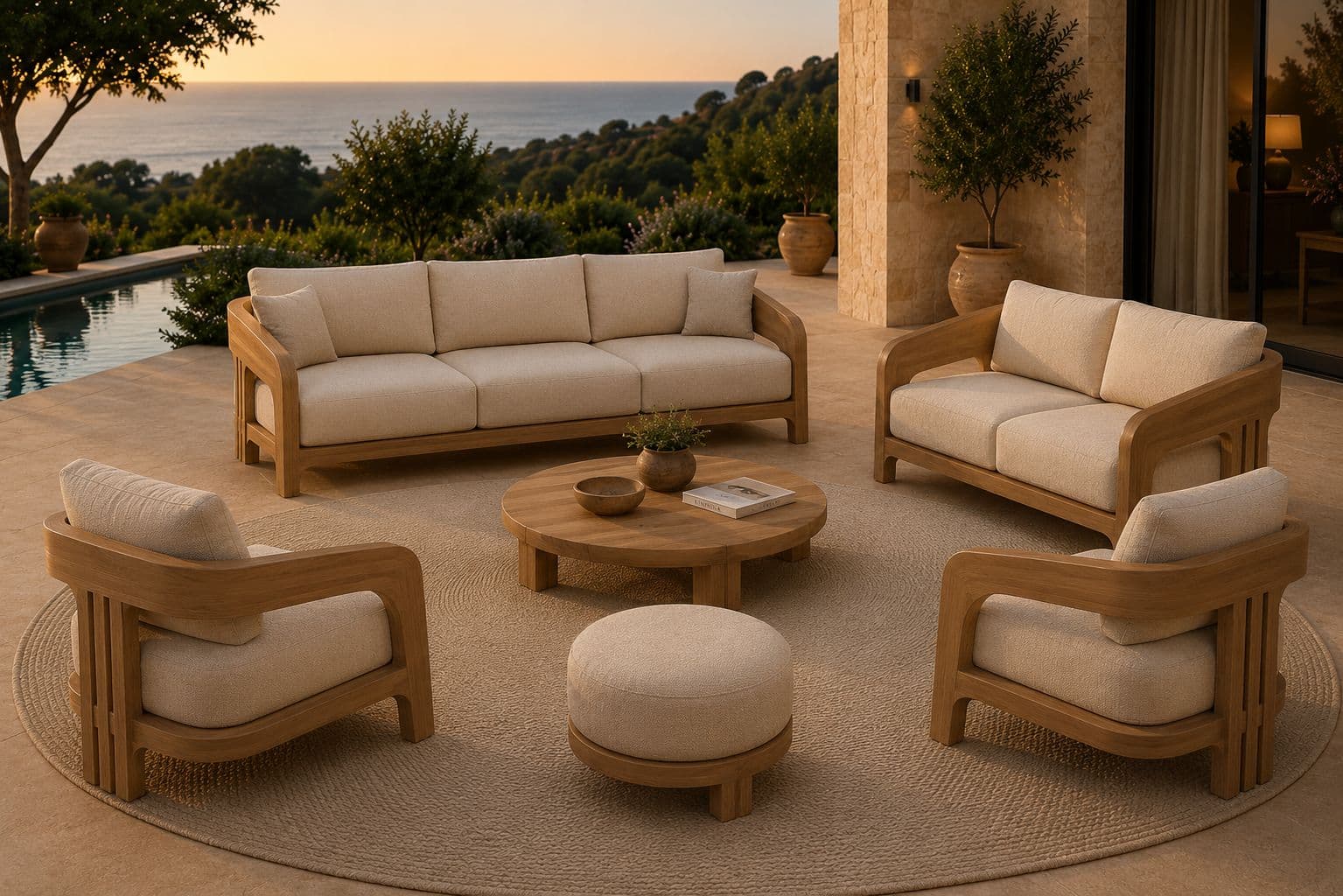 Excluteak outdoor living at dusk
