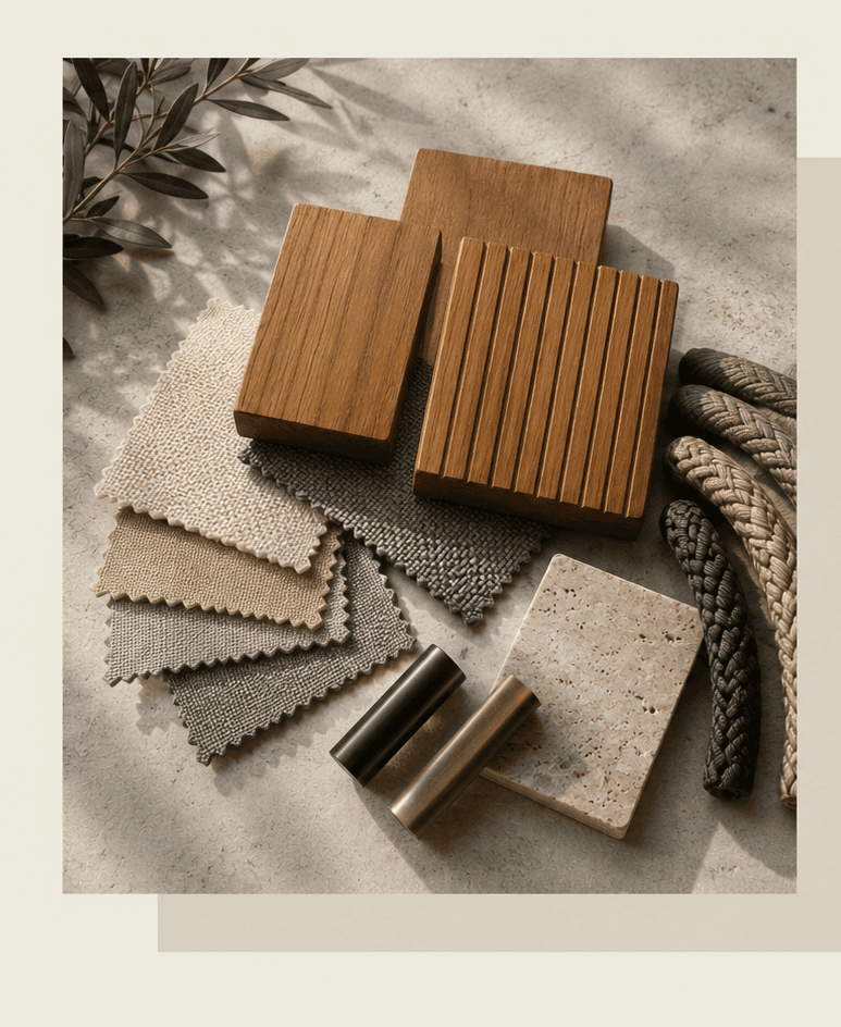 Teak, rope and fabric material composition